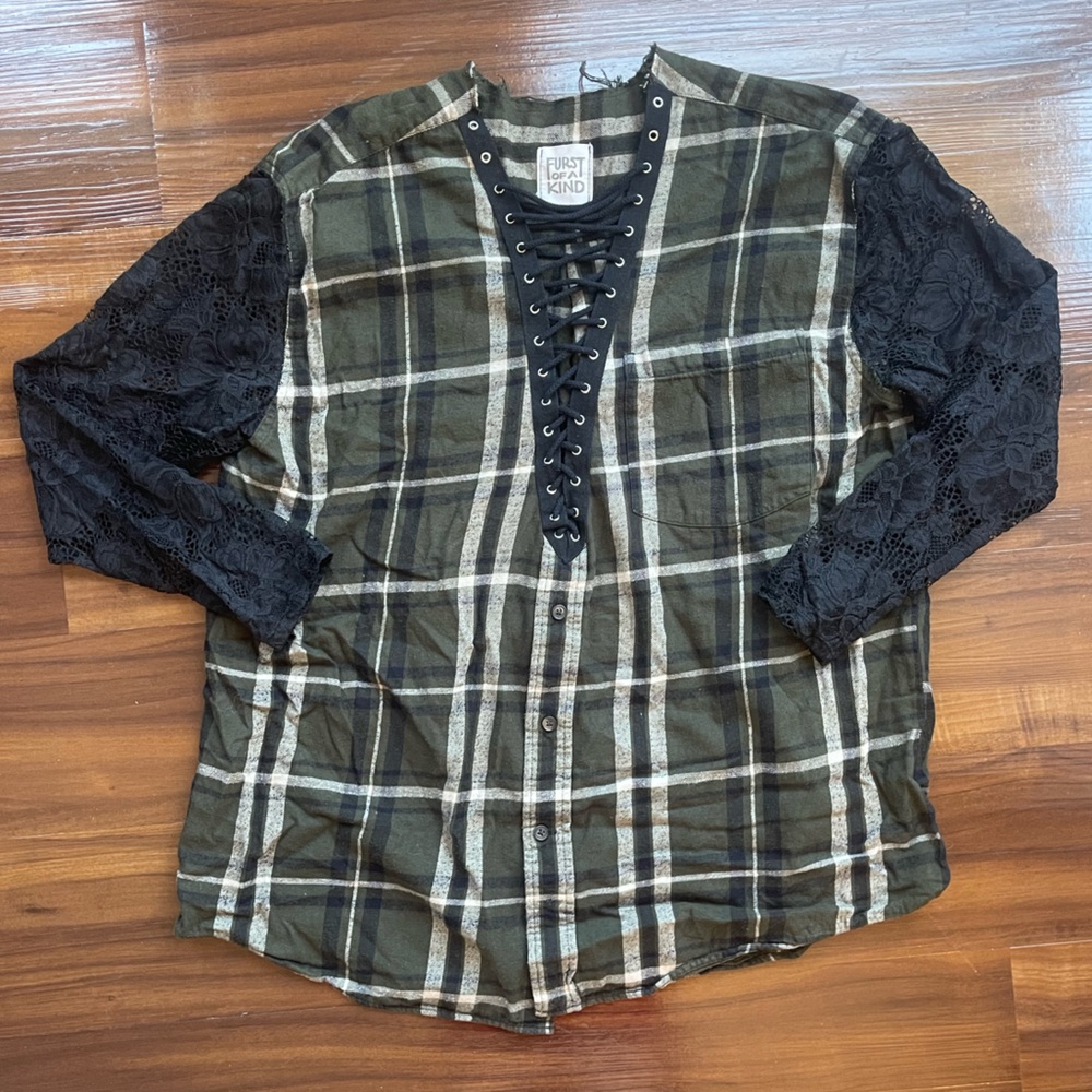 LF Furst of a Kind Oversized Plaid Lace-Up Top with Lace Arms